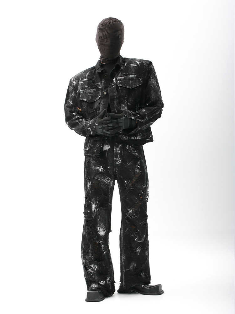 Street Graffiti Washed Make Old Ripped Denim Coat For Men