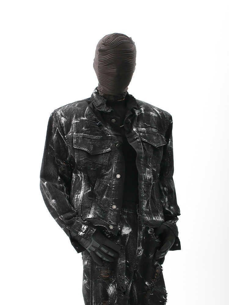 Street Graffiti Washed Make Old Ripped Denim Coat For Men
