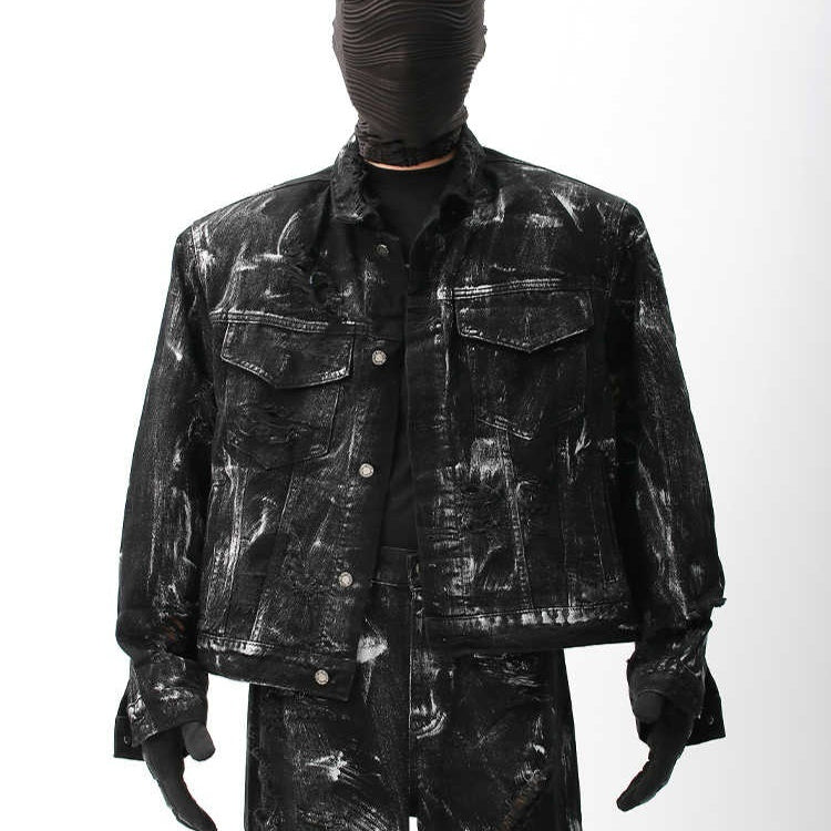 Street Graffiti Washed Make Old Ripped Denim Coat For Men