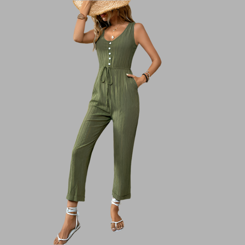 V-neck Sleeveless Jumpsuit With Belt And Pockets Summer Fashion Beach Pants Women's Clothing