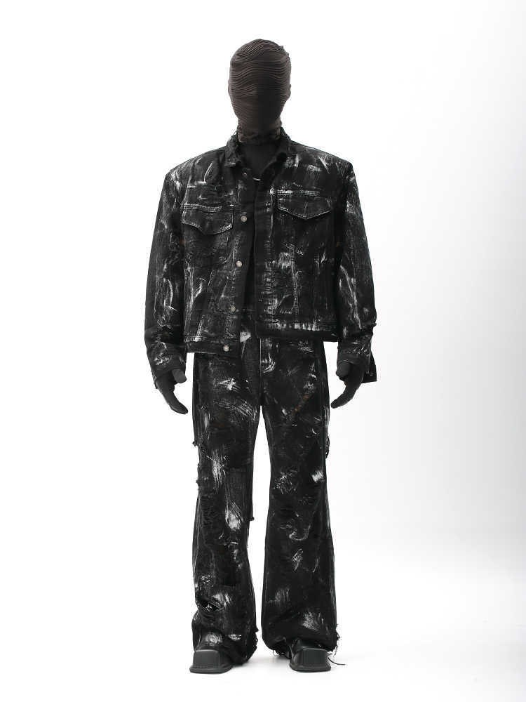 Street Graffiti Washed Make Old Ripped Denim Coat For Men