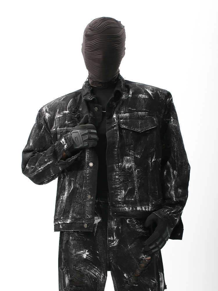 Street Graffiti Washed Make Old Ripped Denim Coat For Men
