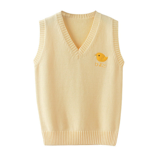 All-match Yellow Girl Style Yellow Chick Embroidery Bottoming Sweater Vest