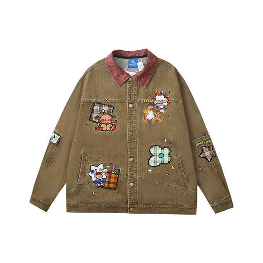 Antique Couple Embroidery Denim Jacket Coat